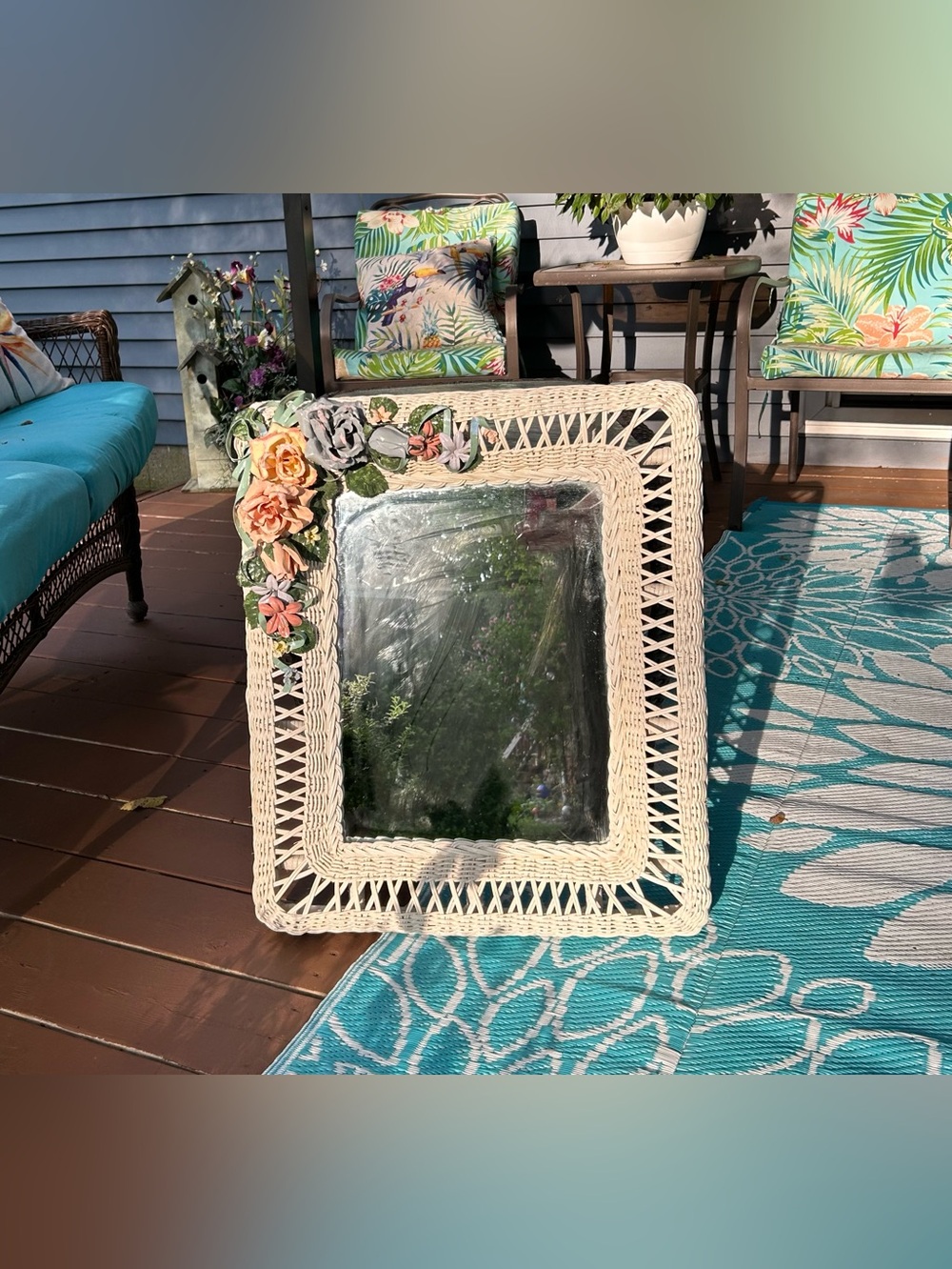 Vintage Pink Roses Ribbon Floral Cottage 24"x20" White Wicker Shabby Chic Mirror